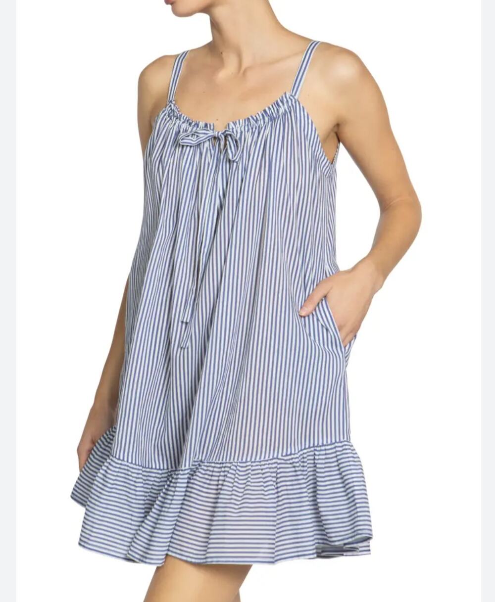 Robin Piccone Women's Sz M Harper Blue White Stripe Ruffle Hem Cover-Up Dress
